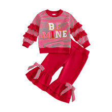 (3-4 Years, Red) Completo bimbi San Valentino: maglia lunga con scollo rotondo e ricamo, pantaloni svasati con elastico.