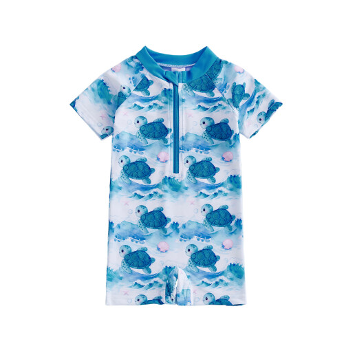 (2-3 Years, Blue) Μαγιό Rash Guard για νήπια με θέμα ωκεανό, φερμουάρ, κοντομάνικο