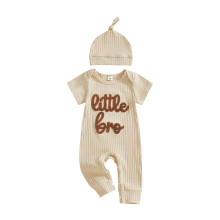(6-12 Months, Beige) Completo neonato con tutina a maniche corte con ricamo e cappellino incluso.
