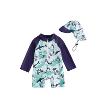 (18-24 Months, Army Green) Traje de baño para bebé pequeño con estampado de tiburón, cremallera, manga larga, gorro de baño