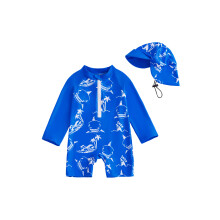 (2-3 Years, Sky Blue) Traje de baño para bebé pequeño con estampado de tiburón, cremallera, manga larga, gorro de baño