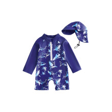 (12-18 Months, Blue) Traje de baño para bebé pequeño con estampado de tiburón, cremallera, manga larga, gorro de baño