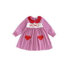 (2-3 Years, Rose Red) Vestido xadrez de manga comprida com bordado de coração e letras para o Dia dos Namorados para meninas pequenas.
