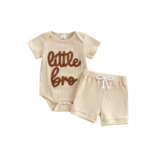 (Newborn, Beige) 2 kpl vauvanpoikien kesäasu, lyhythihainen, joustava vyötärö, kirjaimilla ja kirjonnalla.