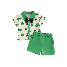(18-24 Months, Green) Completo irlandese per bambini, camicia corta con papillon e pantaloni elasticizzati, set 2 pezzi.