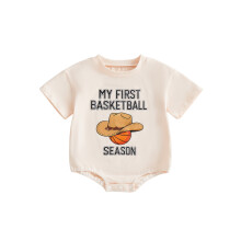 (12-18 Months, Beige) Tutina estiva per neonato, maniche corte, scollo a O, con scritta, cappellino da cowgirl e stampa a cestino.