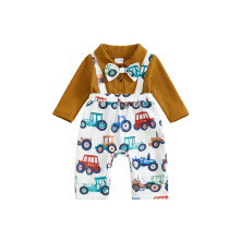 (3-6 Months, Multicolor) Tutina autunnale da neonato con patchwork, maniche lunghe con risvolto, stampa di dinosauri/trattori e papillon.