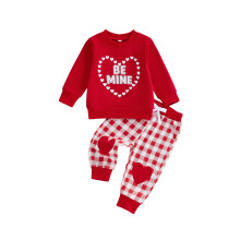 (2-3 Years, Red) Completo 2 pezzi bambini San Valentino: maglietta a maniche lunghe con cuori e pantaloni quadri elastico in vita.