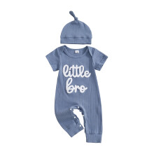 (1-3 Months, Blue) Completo neonato con tutina a maniche corte con ricamo e cappellino incluso.