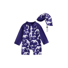 (3-4 Years, White) Traje de baño para bebé pequeño con estampado de tiburón, cremallera, manga larga, gorro de baño