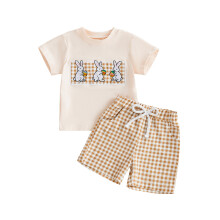 (3-4 Years, Khaki) Completo pasquale neonato 2 pezzi: maglietta maniche corte con ricamo coniglietto e pantaloncini quadri.