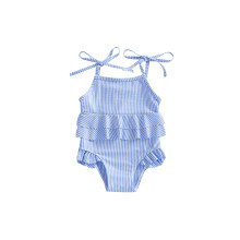 (12-18 Months, Blue) Gestreifter Badeanzug für Kleinkinder, verstellbare Schulterbänder, Rüschenrock, ideal für Strand und Pool.