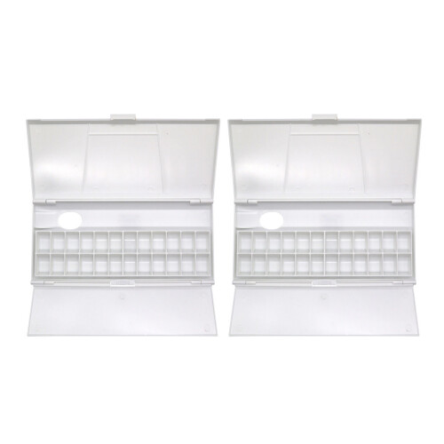 2Pcs White Plastic Watercolor Palette Box 24 Wells Foldable Paint Case