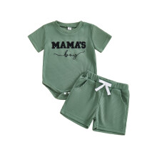 (12-18 Months, Green) Completo estivo neonato con pantaloncini, tutina maniche corte e pantaloncini ricamati in maglia a nido d'ape.