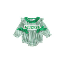 (12-18 Months, Green 2) Baby Girl Spring Romper Loose Fit Shamrock Letter Embroidered Striped Bows Doll Collar Long Sleeve Infant Jumpsuit