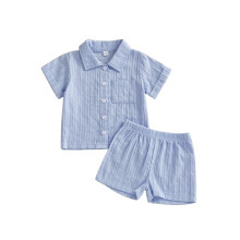 (6-12 Months, Blue) Zestaw ubranek dla chłopców, modna koszula w paski z krótkim rękawem, 2 sztuki, letni strój