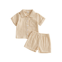 (0-6 Months, Khaki) Zestaw ubranek dla chłopców, modna koszula w paski z krótkim rękawem, 2 sztuki, letni strój