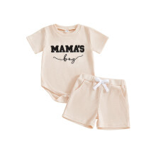 (12-18 Months, Khaki) Completo estivo neonato con pantaloncini, tutina maniche corte e pantaloncini ricamati in maglia a nido d'ape.