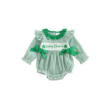 (12-18 Months, Green 1) Baby Girl Spring Romper Loose Fit Shamrock Letter Embroidered Striped Bows Doll Collar Long Sleeve Infant Jumpsuit