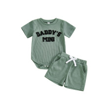 (3-6 Months, Green) Completo estivo neonato: tutina a maniche corte con scollo O e ricamo lettere, più pantaloncini con coulisse.