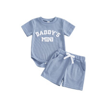 (3-6 Months, Blue) Completo estivo neonato: tutina a maniche corte con scollo O e ricamo lettere, più pantaloncini con coulisse.