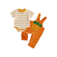 (6-12 Months, Orange) Completo pasquale neonato, tutina corta righe con pantaloni salopette con coniglietti e carote, estate