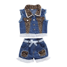 (110, Denim blue) Seturi de vară pentru bebeluși, bluză denim leopard fără mâneci + pantaloni scurți denim leopard