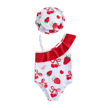 (3-4 Years, White) Peuterbadpakje voor meisjes met hoedje, 2-delige set, aardbeienprint, spaghettibandjes