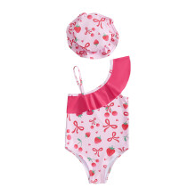 (3-4 Years, Pink) Peuterbadpakje voor meisjes met hoedje, 2-delige set, aardbeienprint, spaghettibandjes