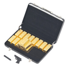 Valigia miniatura in alluminio per casette delle bambole con barre d'oro, 3,5x2,5x1,2 cm