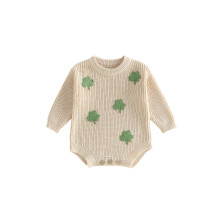 (3-6 Months, Milky White) Infant Baby Girl Boy Rompers Long Sleeve Crew Neck Shamrock Embroidery Cute Spring Knitted Jumpsuit