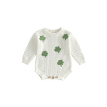 (12-18 Months, White) Infant Baby Girl Boy Rompers Long Sleeve Crew Neck Shamrock Embroidery Cute Spring Knitted Jumpsuit