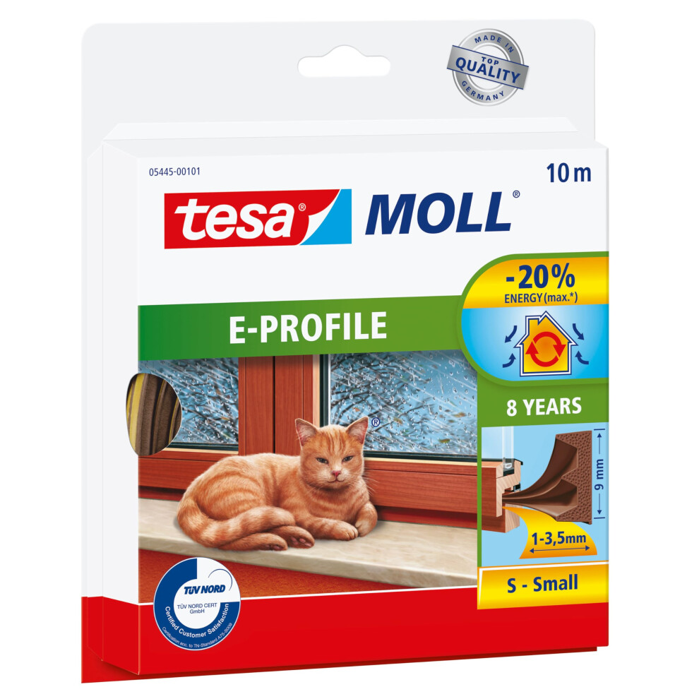 Tesamoll E-Profile Seal - Self Adhesive Rubber Draught Excluder For Insulating Gaps In Windows And Doors - Brown - 10 M X 9 Mm 4042448102348