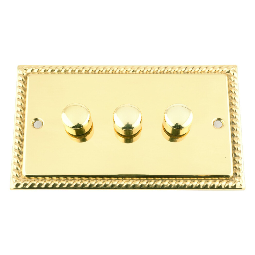 Light Dimmer Switch 3 Gang - Push On/Off 400W - Polished Brass - Georgian - 3 Gang 2 Way 10 Amp 639713749113