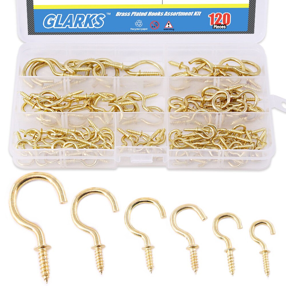 120-Pieces 6 Size Brass Plated Screw-In Cup Hooks Lag Thread Handy Hanging Hooks Assortment Set 682838484643