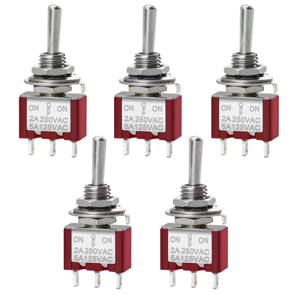 Mini Momentary Toggle Switch Mts-123, (On)-Off-(On) Spdt, 3 Pin, 2A 250V, 5A 125V, Pack Of 5 670534178324