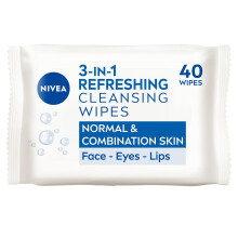3in1 Refreshing Cleansing Wipes Normal Skin and Combination Skin (40 Sheets), Plant-Based Makeup Remover Face Wipes, Gentle Yet Effective Makeup