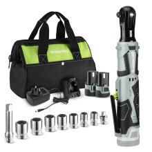 Cordless Ratchet Wrench Set, 3/8" Cordless Ratchet with 7 Sockets, Extension Bar & Drive Adapter, 1H Fast Charger, 12V Powered Ratchet Wrench 55N.m
