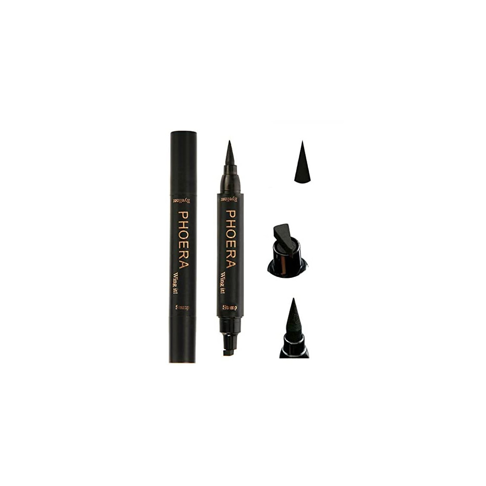 Phoera Black 2 In 1 Wing Cat Eye Liner + Stamp Winged Long Lasting Liquid Eye Liner Waterproof & Smudge Proof Makeup Eyeliner Pen Winged Eyeliner Pencil