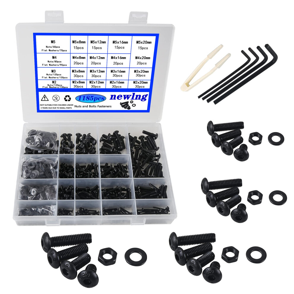 Photos - Nail / Screw / Fastener 1185Pieces M2 M3 M4 M5 Screws Set Carbon Steel Black Screws and Nuts Washers Set Hex Socket Round Button Head Lens Head Hex