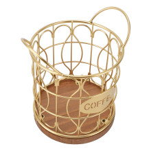 Cestino dorato da banco per capsule di caffè cornice rotonda in filo metallico con supporto in legno organizzatore