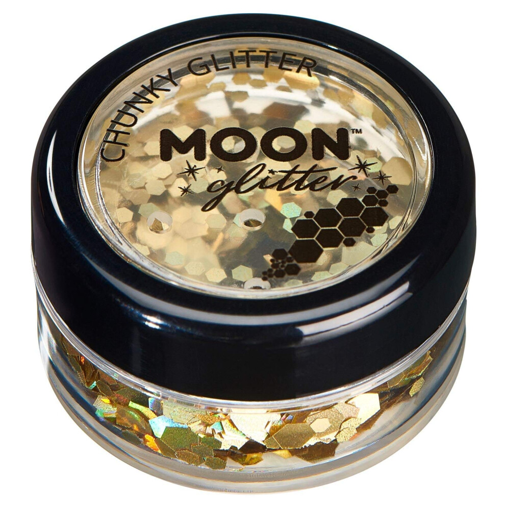 Moon Glitter Gold Chunky Holographic Glitter By - Cosmetic Festival Makeup Glitter For Face, Body, Nails, Hair, Lips - 3G