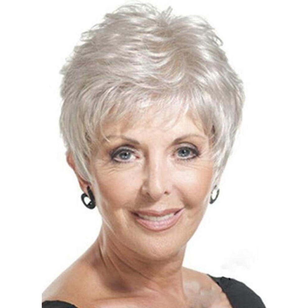 Royalfirst Unisex White,Silver Short Pixie Silver White Wig Synthetic Fiber Hair Wigs For Women Ladies Mother Grandmother Grandma Queen Daily Cosplay Party Gift