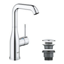 Essence Single-Lever Basin Mixer, L-Size, with Push-Open Pop-Up Waste Set, Metal Lever, Water-Saving, Swivel Spout, Chrome. Easy To Install. 23799001