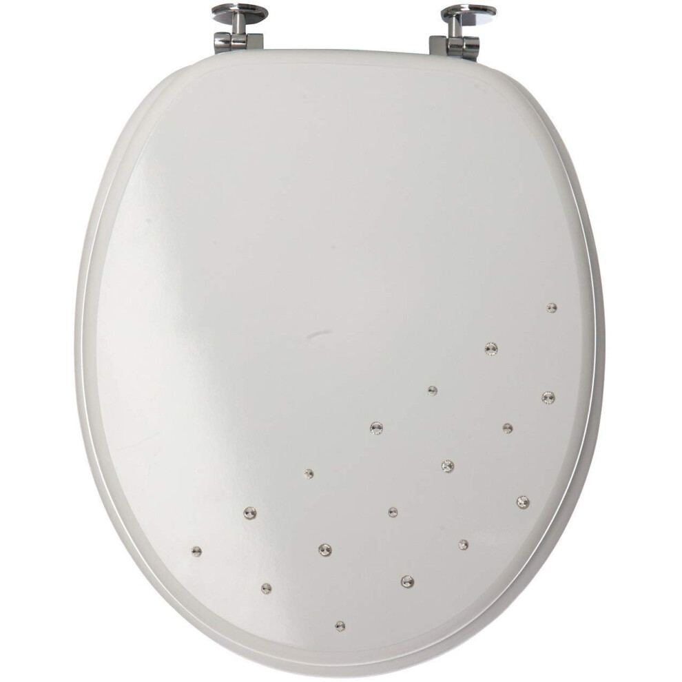 Luxury Diamante Wooden Mdf Wc Toilet Seat With Chrome Hinges (White) 5060523972616