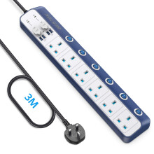 3m Surge Protector Extension Lead, 6 Way Individual Switch Power Strip Plug Socket with 4 USB Ports (Blue)