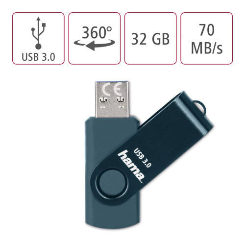 Hama "Rotate" USB Flash Drive, USB 3.0, 32GB, 70Mb/s, petrol blue 1
