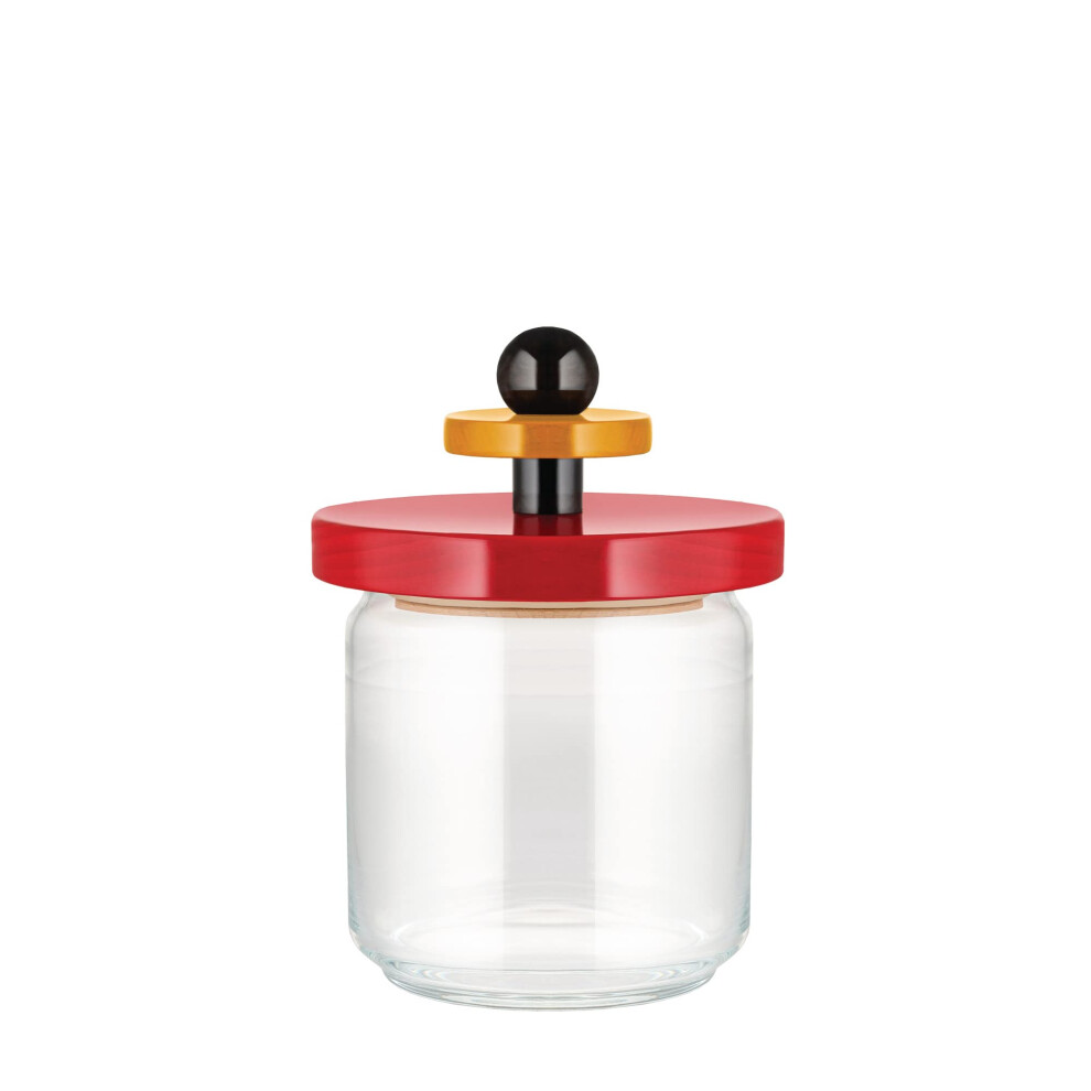 Alessi Mr. Sottsass I Suppose Es16 / 75 - Design Hermetic Glass Jar With Beech Wood Lid, And Red/Black/Yellow