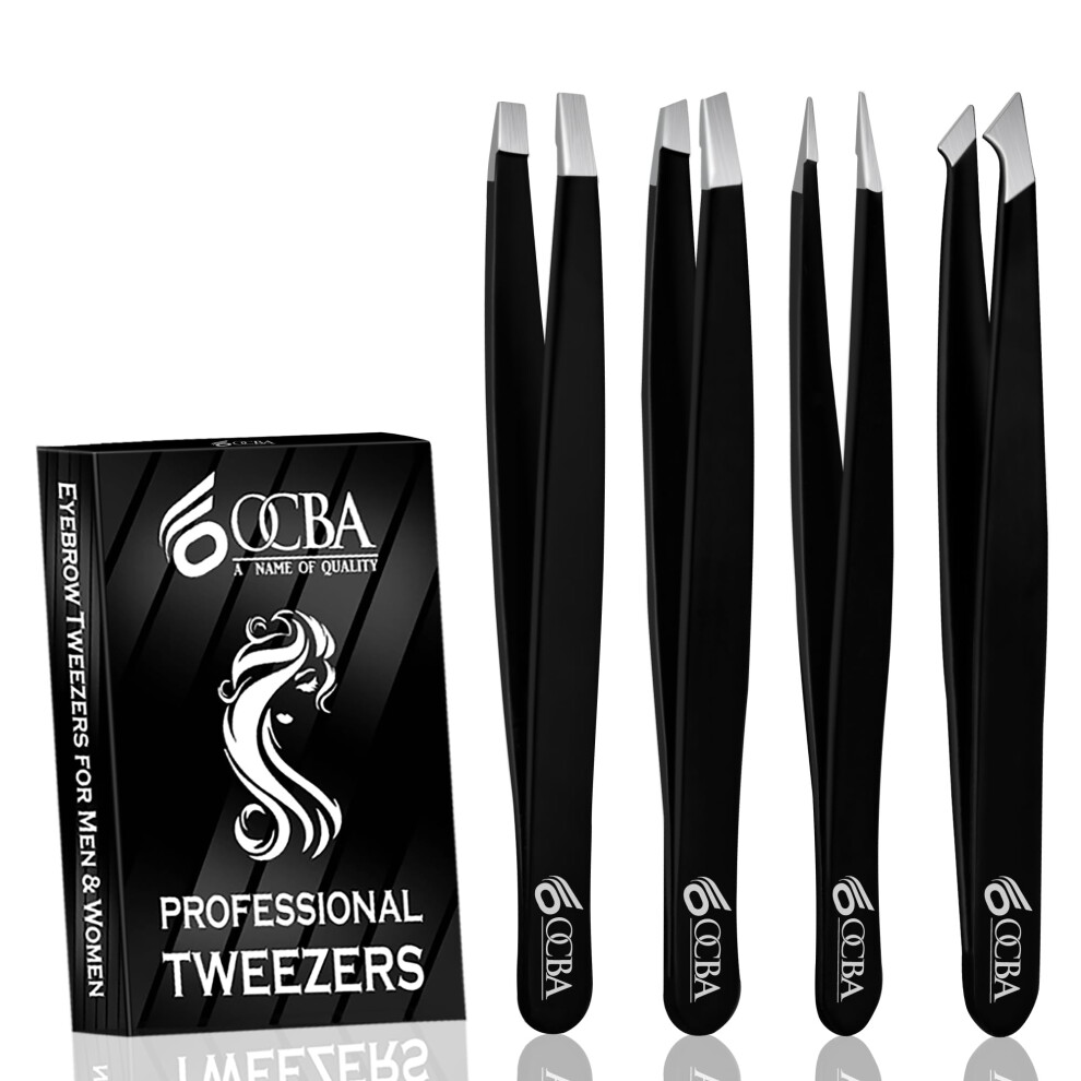 Ocba Black Tweezers For Facial Hair Women & Men For Precise Grooming Of Eyebrows - Professional Stainless Steel Color Coated Eyebrow Tweezers For Ingrown