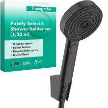 Shower Set Pulsify Select S, Shower Head with Shower Holder And Shower Hose 1.25 m, Hand Shower with 3 Sprays (Relaxation), Matt Black, 24302670